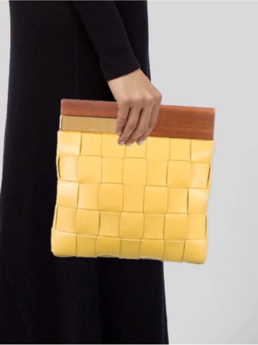 Bottega Veneta Yellow Woven Leather Clutch with Wooden Top